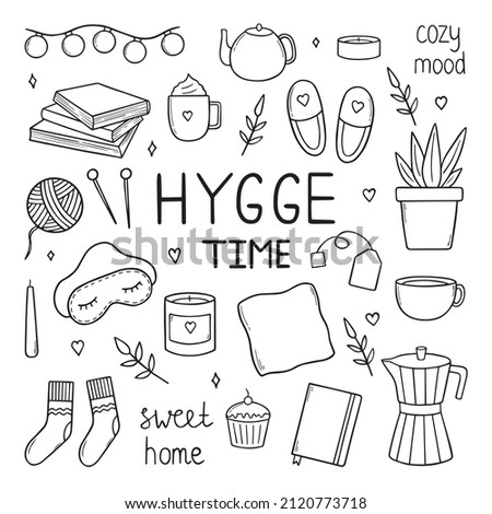 Hand drawn set of home hygge doodles. Coziness and comfortable lifestyle, cozy home. Cushion, house plant, mask for sleep, socks in sketch style.  Vector illustration isolated on white background. Royalty-Free Stock Photo #2120773718