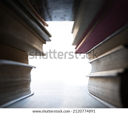 Close up inside travel home wall tunnel hole store shelf view ancient age note cover print data class art style. Retro novel literacy writer club symbol wood desk table case text space concept design