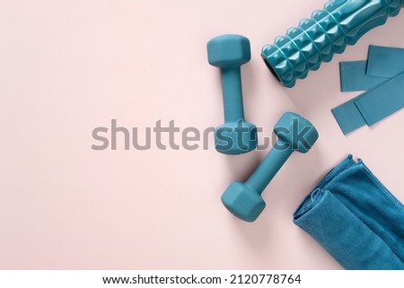 Workout equipment for training at home top view. Fitness, workout items, healthy lifestyle concept.  Royalty-Free Stock Photo #2120778764