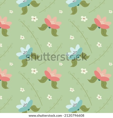Floral pattern with sprigs of heart-shaped leaves in flat style on a light green background
