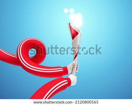 Funny cartoon flexible hands with a olympic fire, clip art isolated on blue background. Sport metaphor 2022, revealing the concept of victory and the start of the season. 3d render