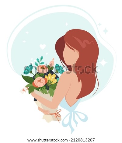 Pretty woman holding a bouquet of flowers in her hands. Spring holiday vector illustration. Hand-drawn graceful romantic girl with red hair