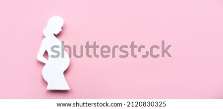 Paper silhouette of a pregnant woman casts a shadow on a pink background. Banner, flat lay, place for text. Concept of pregnancy.