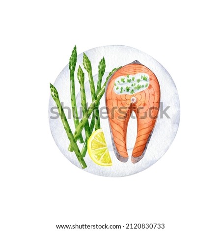 Roasted salmon steak with asparagus, lemon and tar tar sauce are on white plate isolated on white background. Barbecue hand drawn watercolor clipart.
