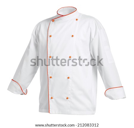 White chef cook's jacket with orange edges, isolated over white background Royalty-Free Stock Photo #212083312