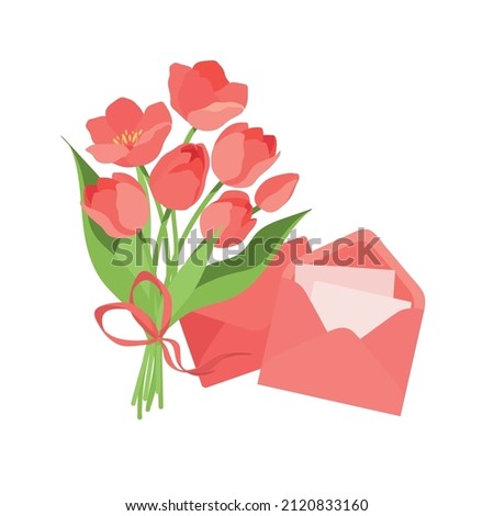 Logo for the design of postcards for Mother's Day, International Women's Day, Birthday. A bouquet of spring red tulips with a letter and an envelope. Vector isolated colorful element. 