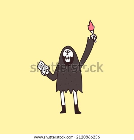 Funny grim reaper skull holding book and torch, illustration for t-shirt, sticker, or apparel merchandise. With retro cartoon style.