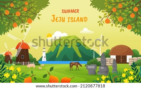 JeJu Island in Summer. Beautiful summer season landscape. Harvest time at Jeju in South Korea. Nature and architecture of island, tourist resort. Mountain, mill and stone statues in summer landscape Royalty-Free Stock Photo #2120877818