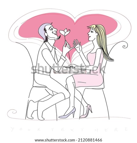 Valentine's Day romantic lovers greetings card, artistic illustration with a young couple in a café and place for text, doodles isolated on white