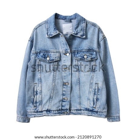 Denim jacket isolated. Blue jean coat on white background.Fashion clothes. Clothing. Royalty-Free Stock Photo #2120891270