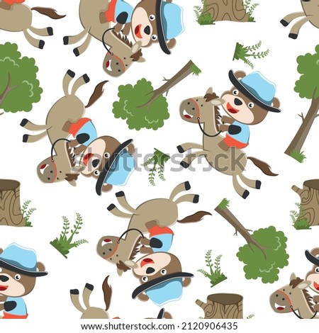 Seamless pattern of bear the cowboy riding a brown horse, T-Shirt Design for children. Design elements for kids.
