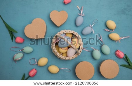 Easter eggs and tulips. Easter concept. 