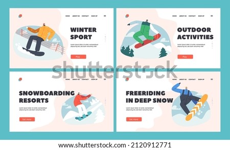 Wintertime Snowboarding Sport Activities Landing Page Template Set. Men and Women in Sportive Costume Making Jumping Stunt with Snowboard. Training on Ski Resort. Cartoon Vector Illustration