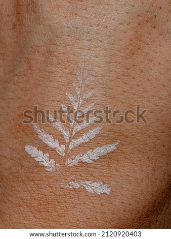 temporary natural white tattoo with pteridophyte plant leaf on caucasian skin in macro view