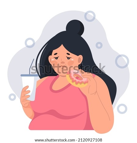 Sad fat girl eating a donut. A female character with overweight and an eating disorder. Bulimia, gluttony, mental disorders, stress, overeating. The concept of extreme overeating Royalty-Free Stock Photo #2120927108