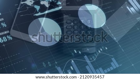 Digital image of statistical data processing over grid network against credit card machine. wireless and digital payment concept