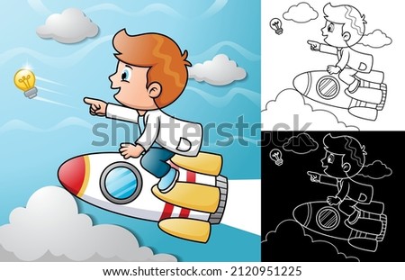 Vector illustration of little scientist cartoon riding on rocket chasing flying bulb in the sky
