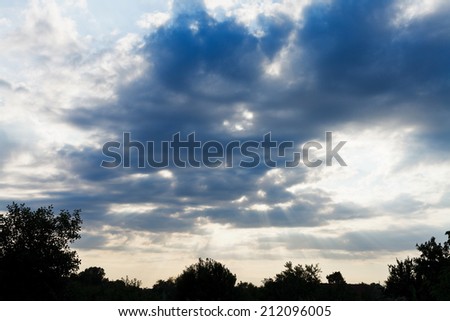dark blue clouds over trees at sunset