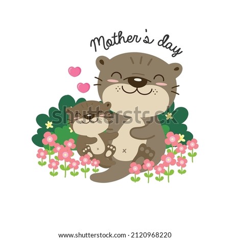 Cute Otters for Mother's Day. Otters mom and baby on flowers field.