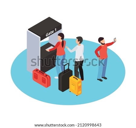 Traveling people isometric composition with isolated human characters at airport gate with bags vector illustration