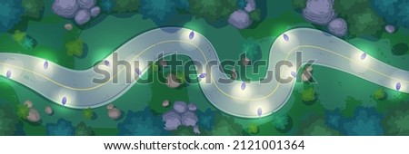 Top view of winding car road, street lights, trees and bushes at night. Vector cartoon illustration of aerial view of summer landscape with curve asphalt highway, lanterns, green grass and stones Royalty-Free Stock Photo #2121001364