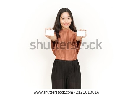 Showing Blank Credit or Bank Card Of Beautiful Asian Woman Isolated On White Background