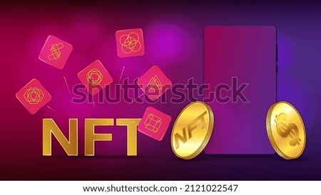 Concept of earning US dollars on NFT non fungible token using mobile phone. Flying tokens and phone with copy space. Colorful template for header or banner.