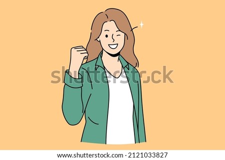 Power success and positive emotions concept. Smiling woman standing showing fist meaning success luck and achieving some goal vector illustration  Royalty-Free Stock Photo #2121033827
