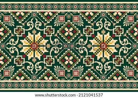 Beautiful figure tribal Ukrainian geometric ethnic oriental pattern traditional on green background.Aztec style embroidery abstract vector illustration.design for texture,fabric,clothing,wrapping. Royalty-Free Stock Photo #2121041537