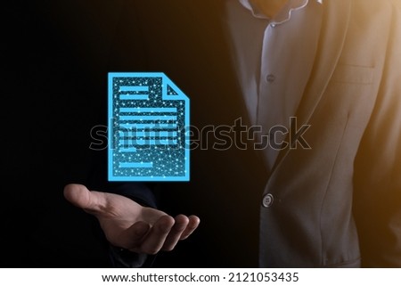 Businessman man holding a document icon in his hand Document Management Data System Business Internet Technology Concept. Corporate data management system DMS.Low poly,polygonal.