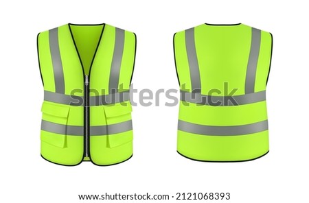 Isolated safety vest jacket, security and worker uniform wear. Realistic vector mockup of high visibility clothing, 3d fluorescent green safety waistcoat with reflective stripes, workwear Royalty-Free Stock Photo #2121068393