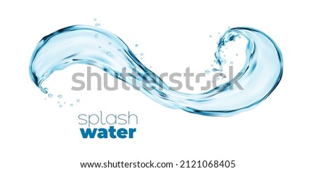 Spiral transparent water wave splash, isolated blue water swirl with drops. Realistic vector flow, liquid splashing aqua dynamic motion with spray droplets, hydration element, fresh 3d drink Royalty-Free Stock Photo #2121068405