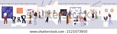 People at Art gallery exhibition. Young museum visitors, men and women, walking, looking abstract paintings, modern pictures, contemporary sculptures of exposition, panorama. Flat vector illustration Royalty-Free Stock Photo #2121073850