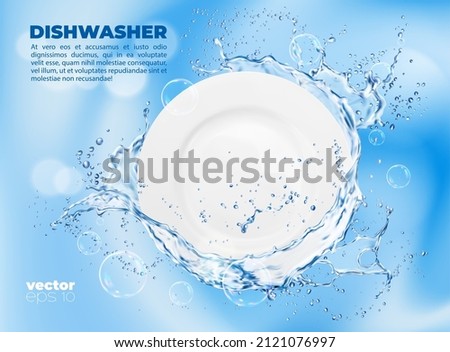 Clean plate with water splash and soap bubbles. Dishwasher machine vector ad poster, dishwashing advertising background template with realistic shining crockery. 3d promo design, cleaner dishware ads Royalty-Free Stock Photo #2121076997