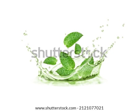Crown herbal tea splash with mint leaves and water wave, menthol peppermint, matcha tea drink. Vector design of organic drink with green water corona, leaves and splatters. 3d ads of natural beverage Royalty-Free Stock Photo #2121077021