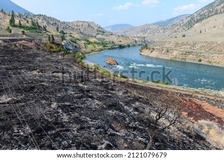 Land scorched by fire along the Thompson River near Spences Bridge in British Columbia, Canada Royalty-Free Stock Photo #2121079679