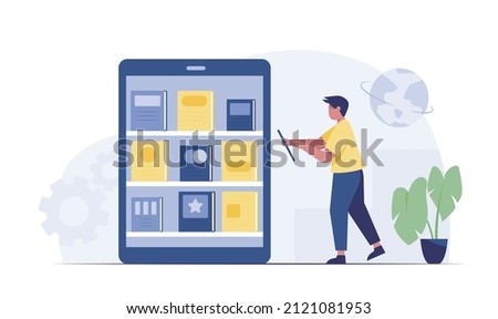 Online library and internet literature reading resource. vector illustration. 