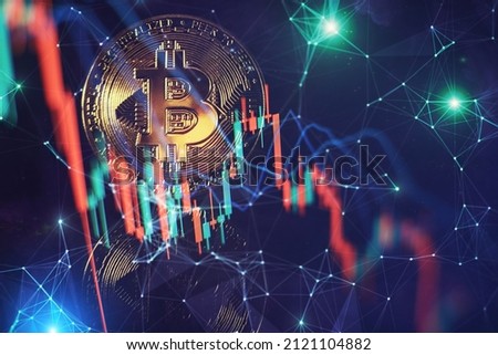 Gold bitcoins with Candle stick graph chart and digital background.Golden coin with icon letter B.Mining or blockchain technology