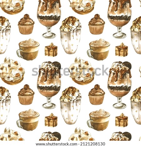 Watercolor cafe seamless pattern of coffee, cakes, muffins, chocolate desserts. Hand painted texture of delicious pastry clipart elements isolated on white background. Breakfast wallpaper for kitchen.