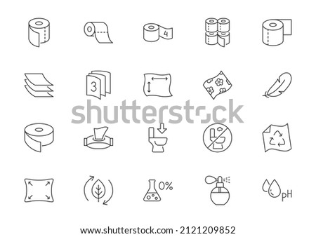 Toilet paper line icons. Vector outline illustration with icon - tissue dispenser, biodegradable napkin, recycled, flushable, feather. Pictogram for towel package. Editable Stroke Royalty-Free Stock Photo #2121209852