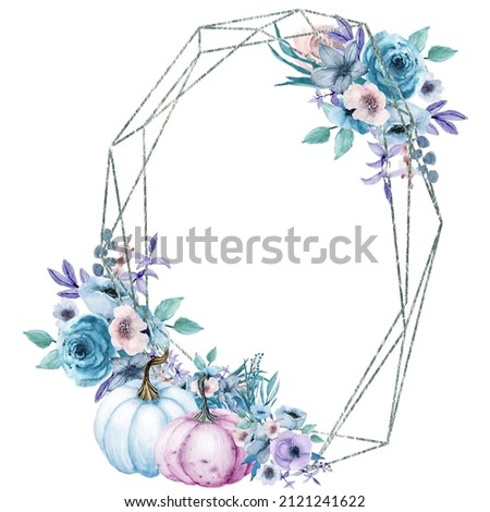 Polygonal Silver foliage Floral Frame, Watercolor pastel pumpkins Frame, Geometric Flowers and pumpkin frame, Autumn floral arrangement isolated on white, Fall pumpkins harvest frame
