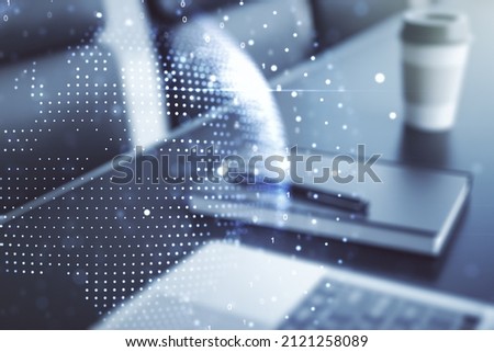 Abstract creative digital world map on modern computer background, globalization concept. Multiexposure