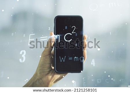 Creative scientific formula concept and hand with phone on background. Multiexposure