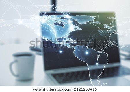 Double exposure of abstract digital world map with connections on computer background, big data and blockchain concept