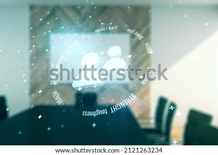 Abstract virtual people icons on a modern conference room background. Life and health insurance concept. Multiexposure