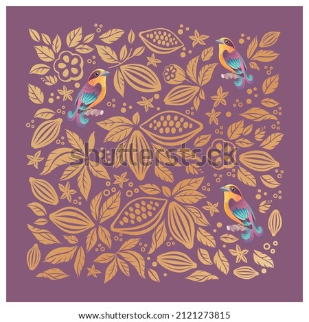 Cocoa Beans and Nut. chocolate ornament. Cocoa bean, leaves and nut. Natural, organic decorative decor. Chocolate bar label design. Textile, fabric print in monochromatic texture. Royalty-Free Stock Photo #2121273815