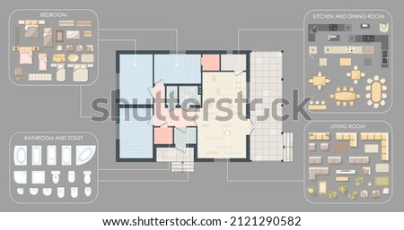 Floor Plan with furniture set top view for interior design of a house. Colored Architectural Technical floor plan. Three Bedrooms apartment architectural CAD drawing. Vector kit with design elements Royalty-Free Stock Photo #2121290582