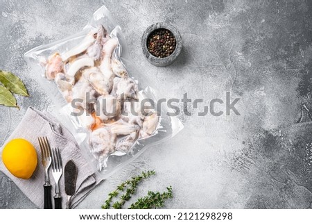 Frozen seafood pack set, on gray stone table background, top view flat lay, with copy space for text