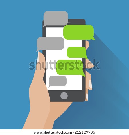 Hand holing black smartphone similar to iphon with blank speech bubbles for text. Text messaging flat design concept. Eps 10 vector illustration
