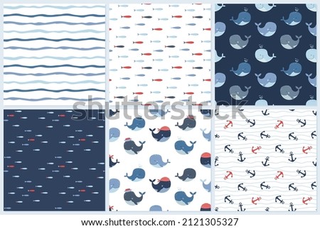Set of nautical seamless patterns with anchors, fish, whales and waves.